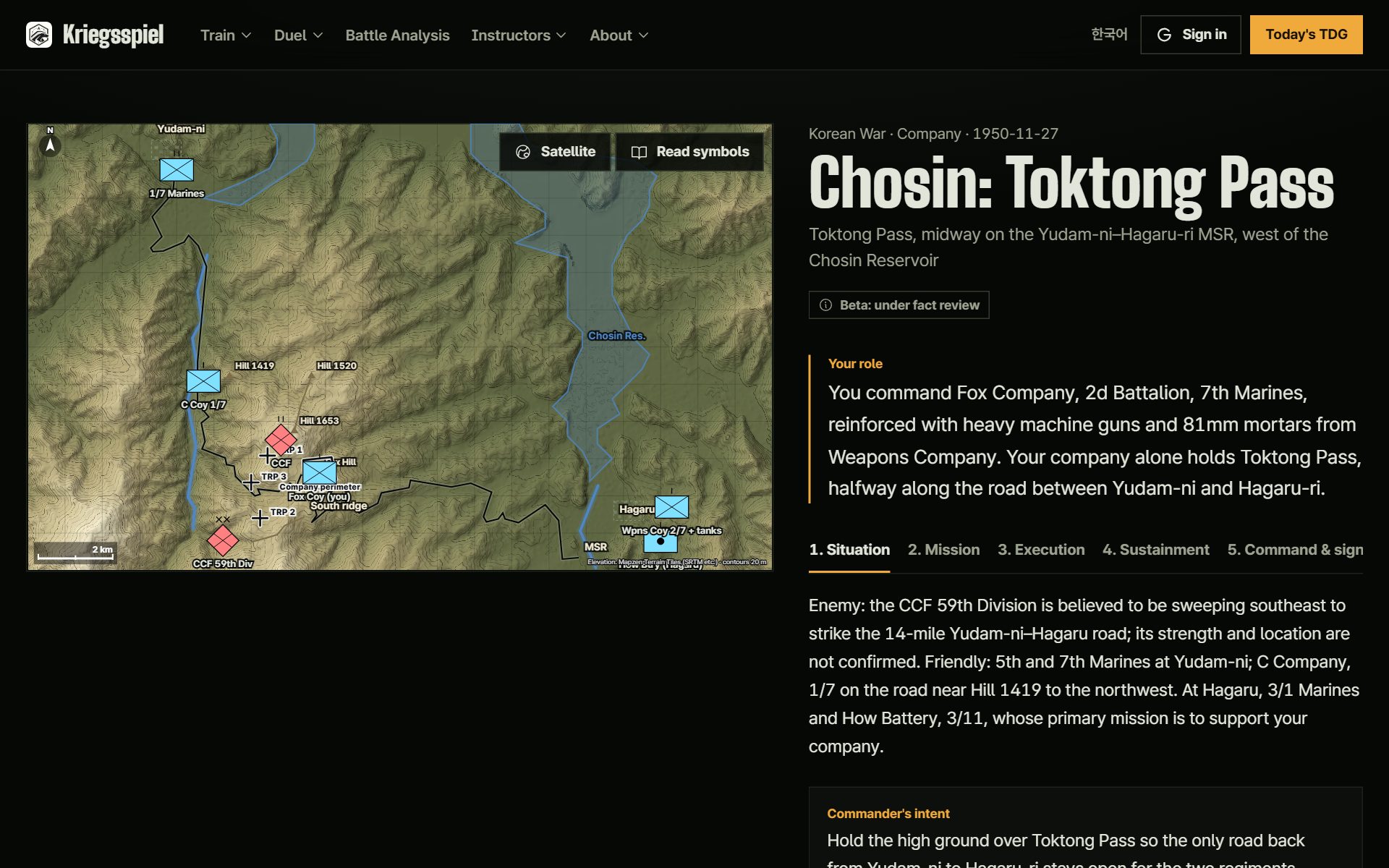 Decision screen for Chosin: Toktong Pass. Unit symbols and target reference points on real terrain, with the player's role and the OPORD tabs on the right.