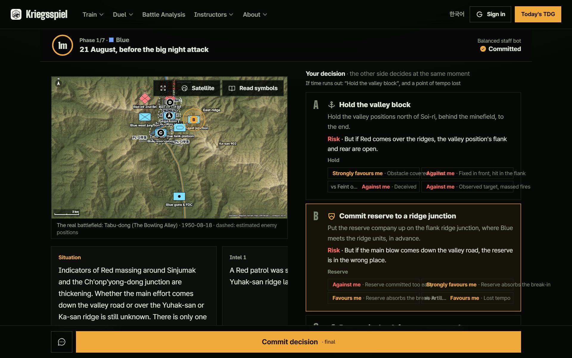Duel phase screen. Unit symbols and control measures on the Tabu-dong valley map; each course-of-action card carries a risk line and the expected outcome against each enemy choice