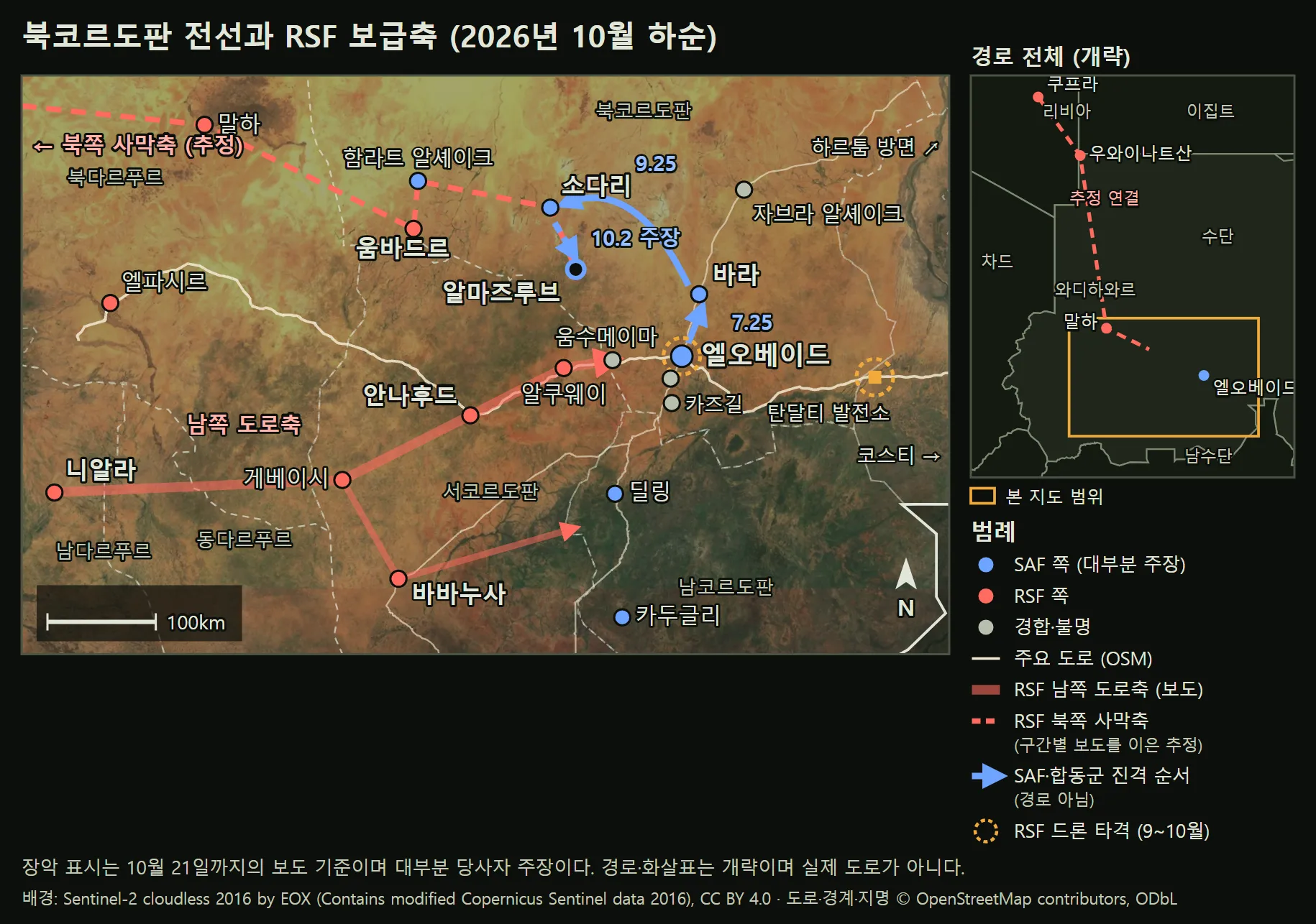 오픈스트리트맵 도로·경계·지명을 위성 합성 영상 위에 겹친 북코르도판 일대 지도. 북쪽은 누런 반사막, 남쪽으로 갈수록 초록 식생이 짙어진다. 파란 점은 엘오베이드, 바라, 소다리, 함라트 알셰이크, 딜링, 카두글리, 속이 빈 파란 원은 SAF가 장악을 주장한 알마즈루브, 빨간 점은 움바드르, 안나후드, 알쿠웨이, 게베이시, 바바누사, 니알라, 엘파시르, 말하, 회색 점은 자브라 알셰이크, 움수메이마, 카즈길, 움아라다다. 니알라에서 게베이시, 안나후드, 알쿠웨이를 거쳐 엘오베이드 쪽으로 오는 굵은 빨간 선은 남쪽 도로축이고, 바바누사에서 남코르도판 쪽으로 갈라지는 선도 있다. 왼쪽 위 말하에서 움바드르, 소다리를 거쳐 알마즈루브로 오는 빨간 점선은 북쪽 사막축(추정)이다. 파란 화살표는 엘오베이드에서 바라(7월 25일), 바라에서 소다리(9월 25일), 소다리에서 알마즈루브(10월 2일, 주장)로 이어지는 진격 순서다. 엘오베이드와 탄달티 발전소에 드론 타격 표시가 있다. 오른쪽 작은 지도는 리비아 쿠프라에서 우와이나트산, 말하를 거쳐 북코르도판으로 오는 경로 전체를 '추정 연결'로 그렸다