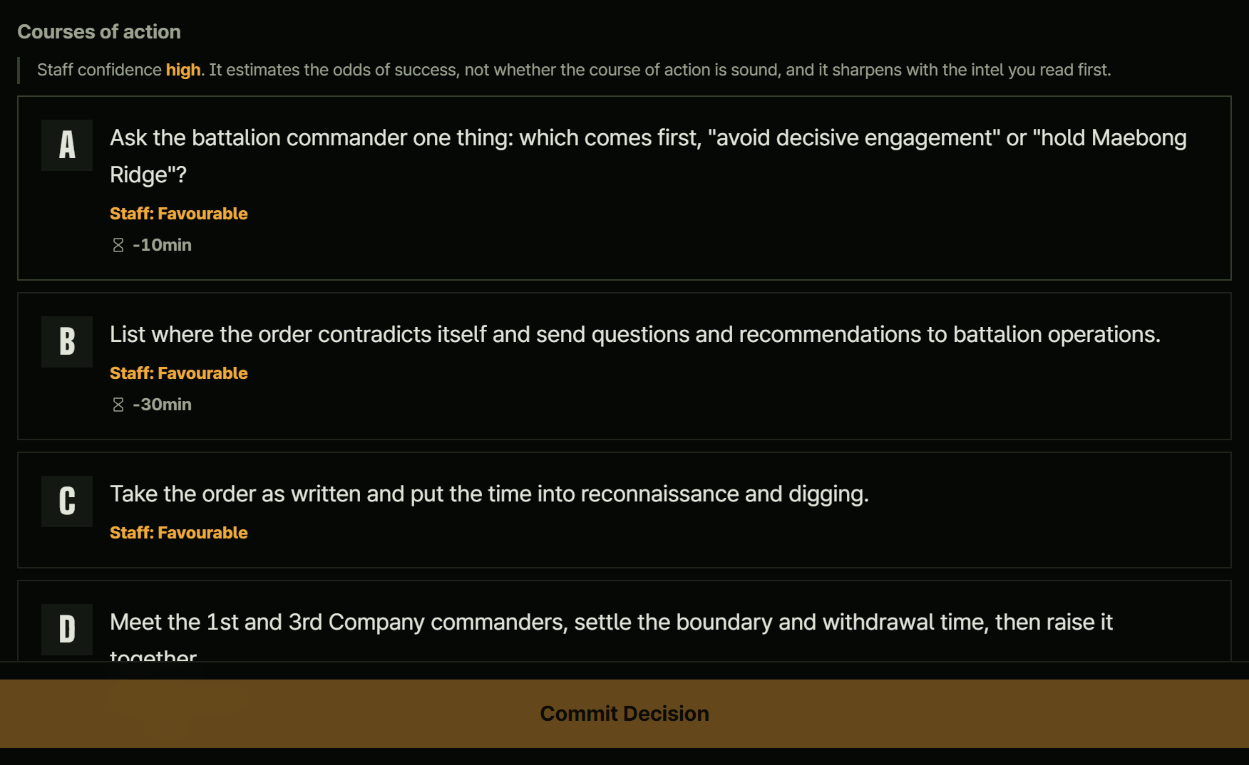 The list of courses of action in phase 1 of Cheongsol Ford, under the note "Staff confidence high. It estimates the odds of success, not whether the course of action is sound, and it sharpens with the intel you read first"; options A to D each show "Staff: Favorable"