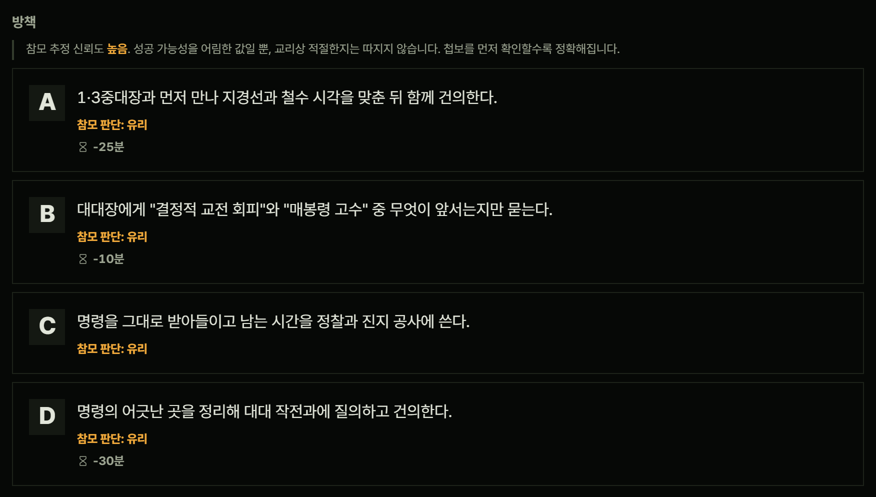 '방책' 목록(청솔 여울 1국면). 위에 '참모 추정 신뢰도 높음. 성공 가능성을 어림한 값일 뿐, 교리상 적절한지는 따지지 않습니다. 첩보를 먼저 확인할수록 정확해집니다' 안내문이 있고, 방책 A~D마다 '참모 판단: 유리'가 붙어 있다