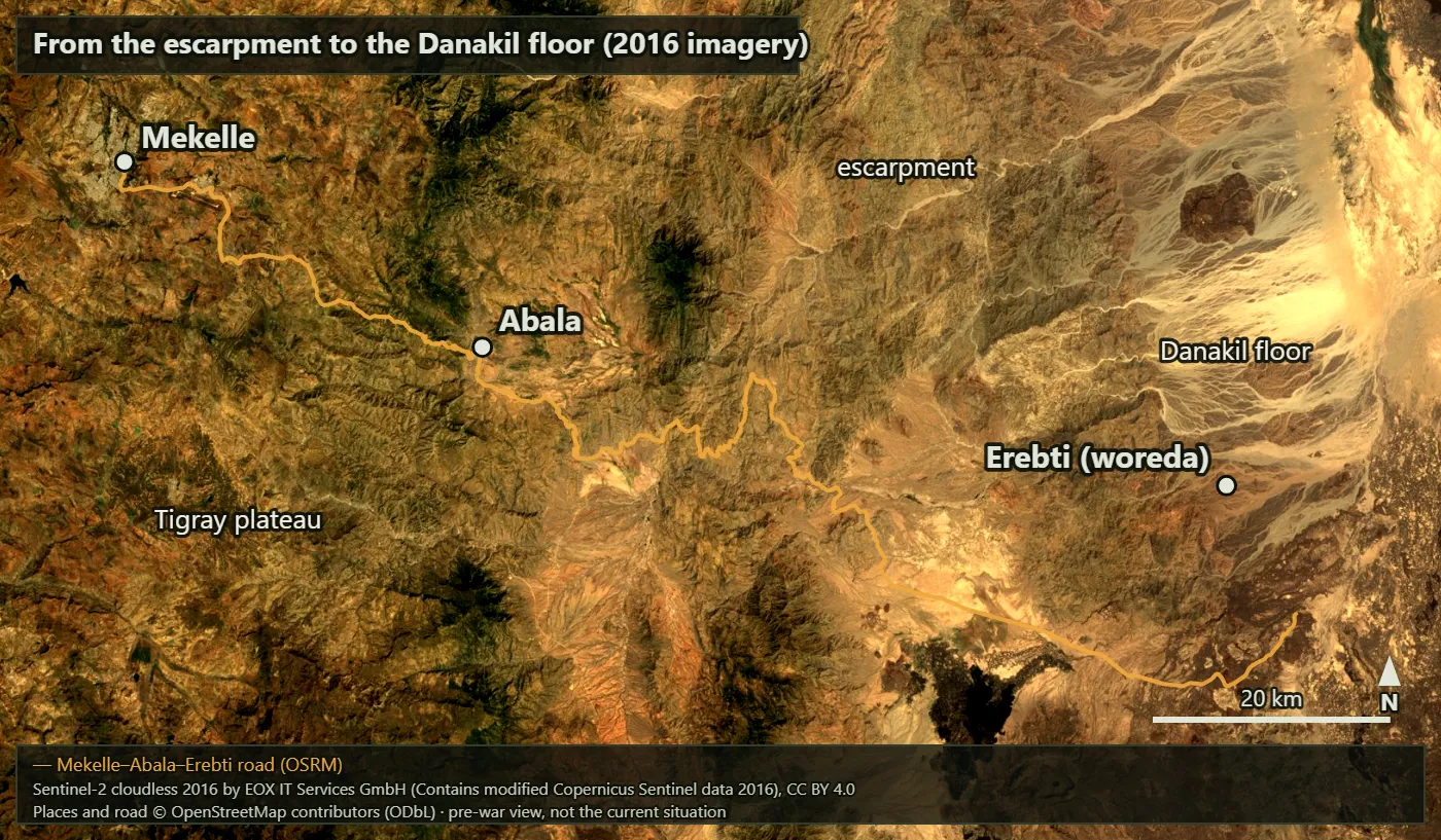 Satellite view of the escarpment around Abala. The plateau in the upper left is a mix of brown and green fields and ravines; towards the lower right the ground opens into bright, bare desert lowland. Mekelle, Abala, the Erebti woreda centre and the road between them are marked